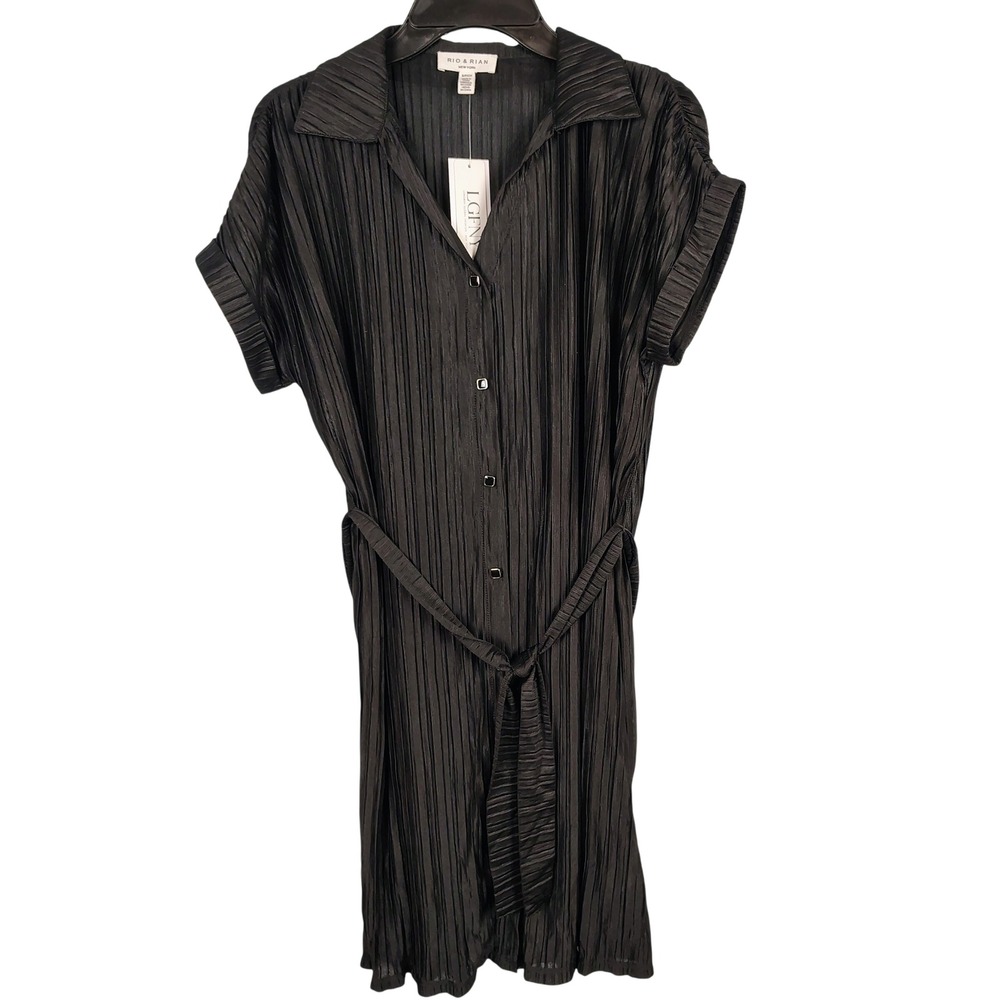 NWT Womens S Rio & Rian Plissé Shirt Dress Black Pleated Belted Dark Academia